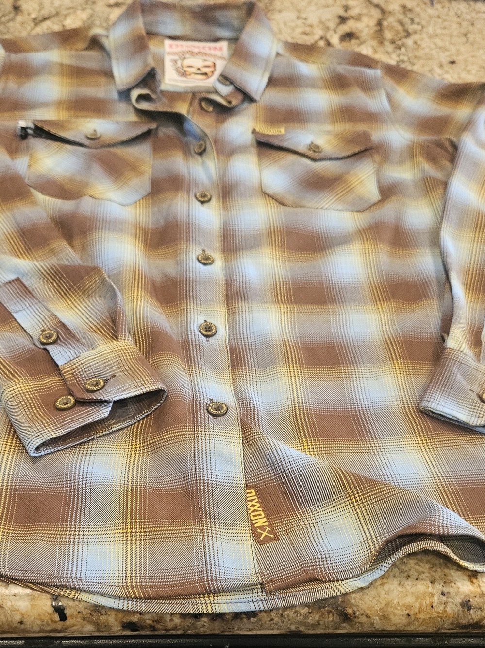 DIXXON Men's Plaid Button-Down Shirt in Brown & Light Blue size L